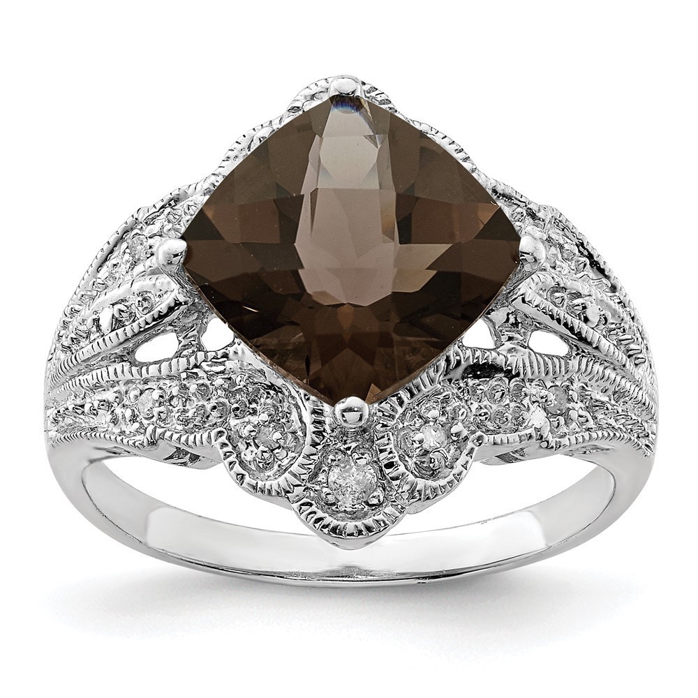 925 Sterling Silver Rhodium Checker-Cut Smoky Quartz & Diam. Ring
